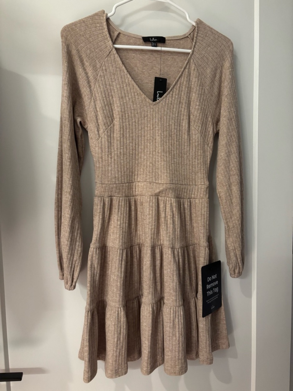 Lulu's Light Beige Ribbed V-Neck Tiered Knit Dress